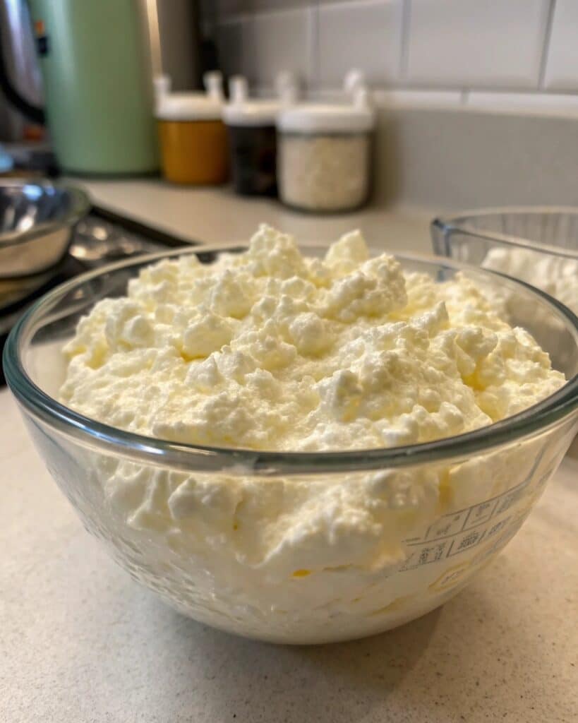 smooth blended cottage cheese in a glass bowl