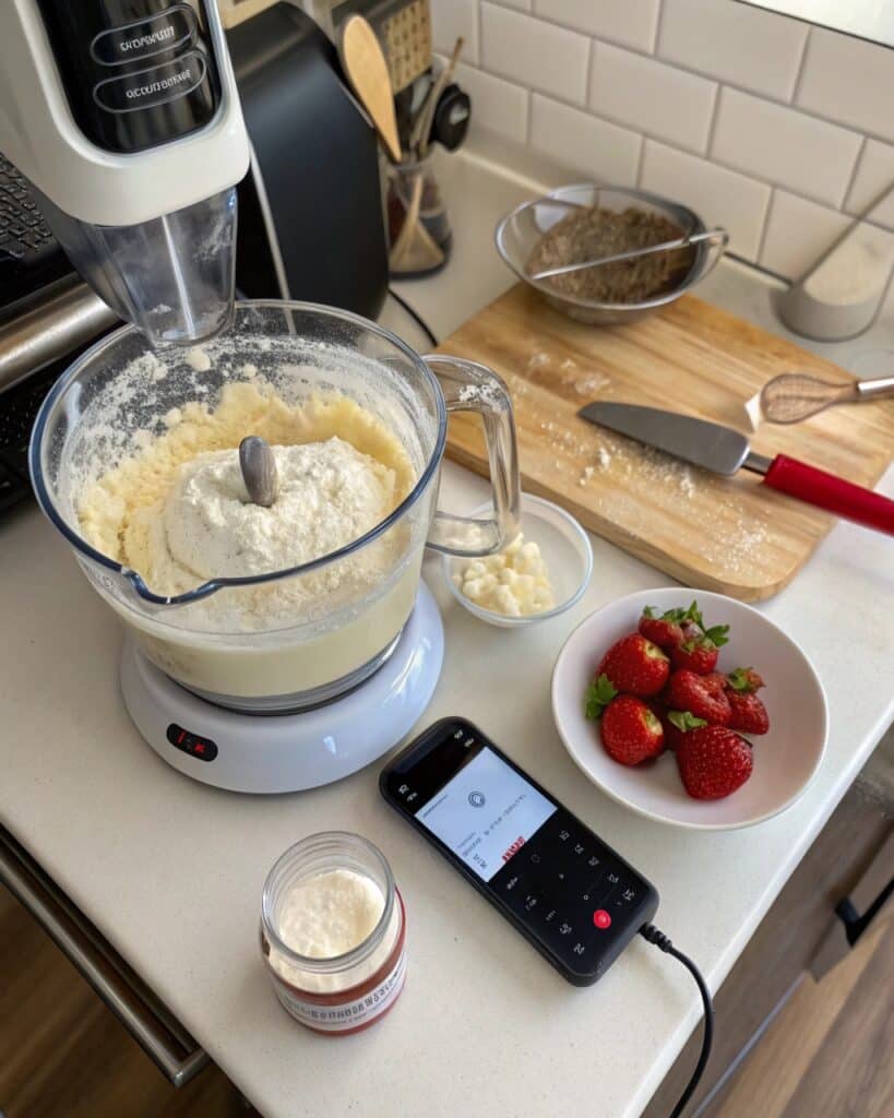 Blended cottage cheese in a blender for cheesecake dip