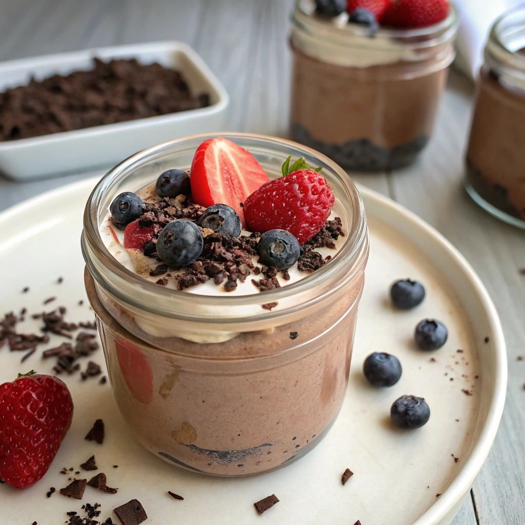 creamy cottage cheese chocolate mousse in glass jar