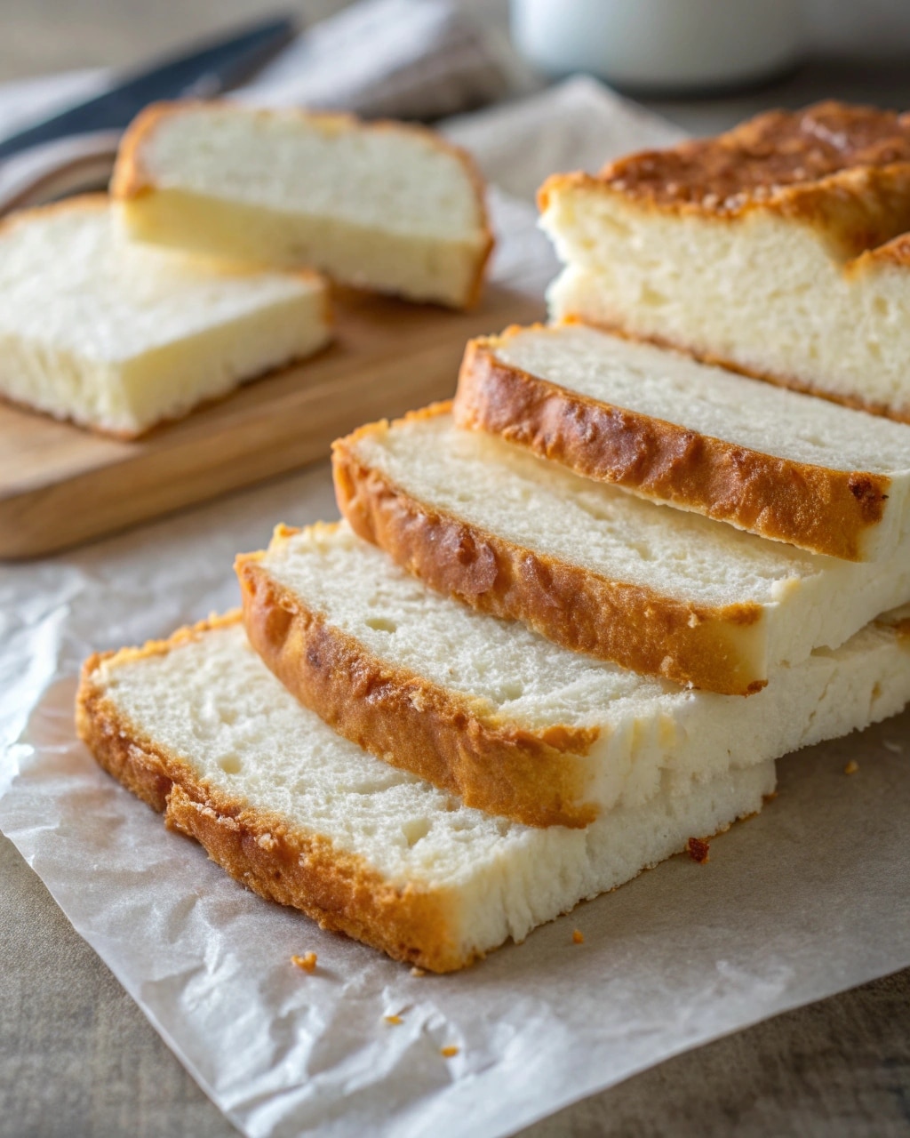 fluffy cottage cheese cloud bread slices on parchment paper