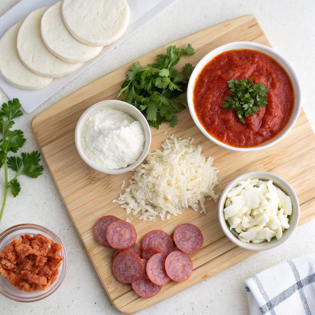 Cottage cheese pizza bowl ingredients arranged on a cutting board