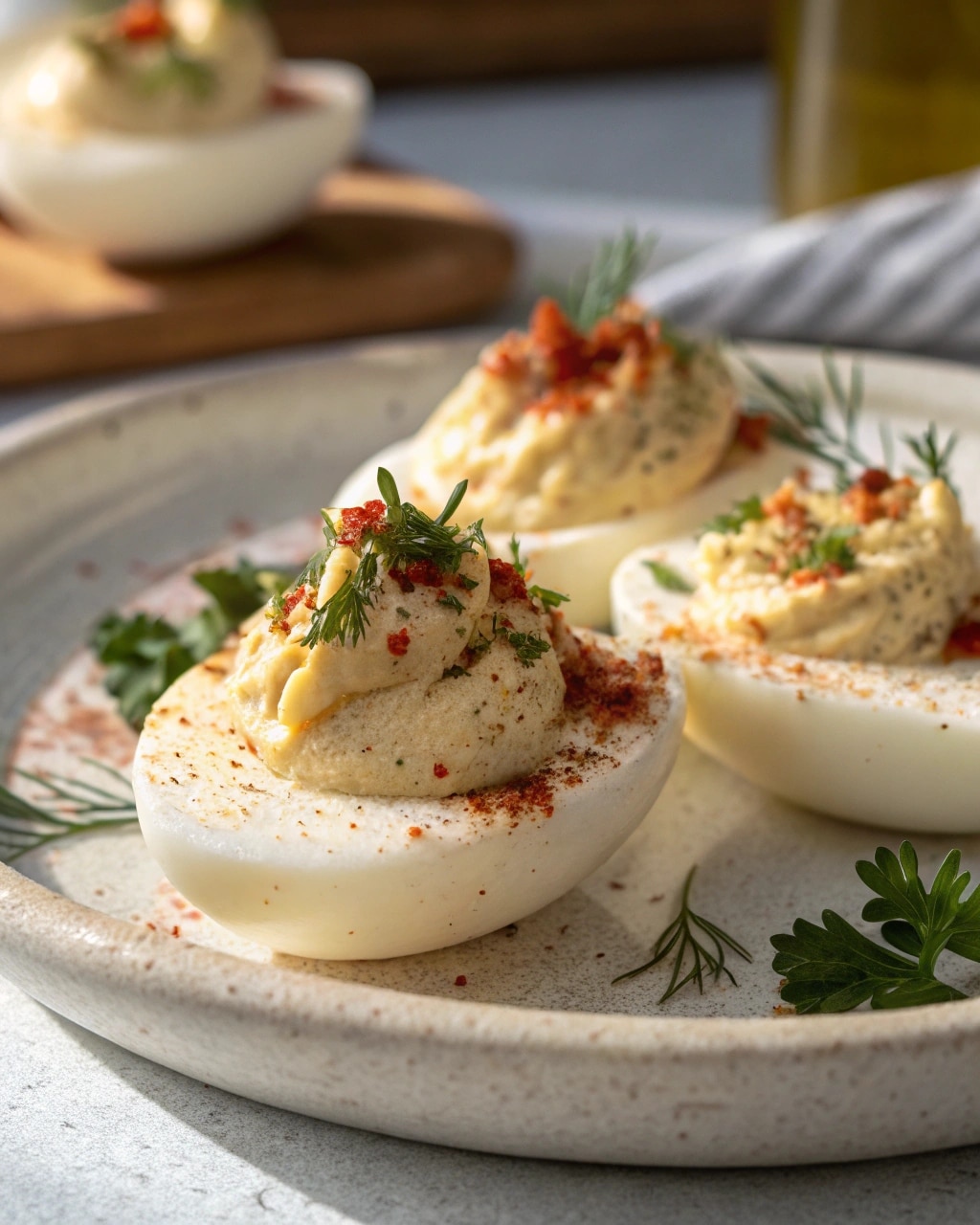 Deviled eggs made with cottage cheese topped with paprika