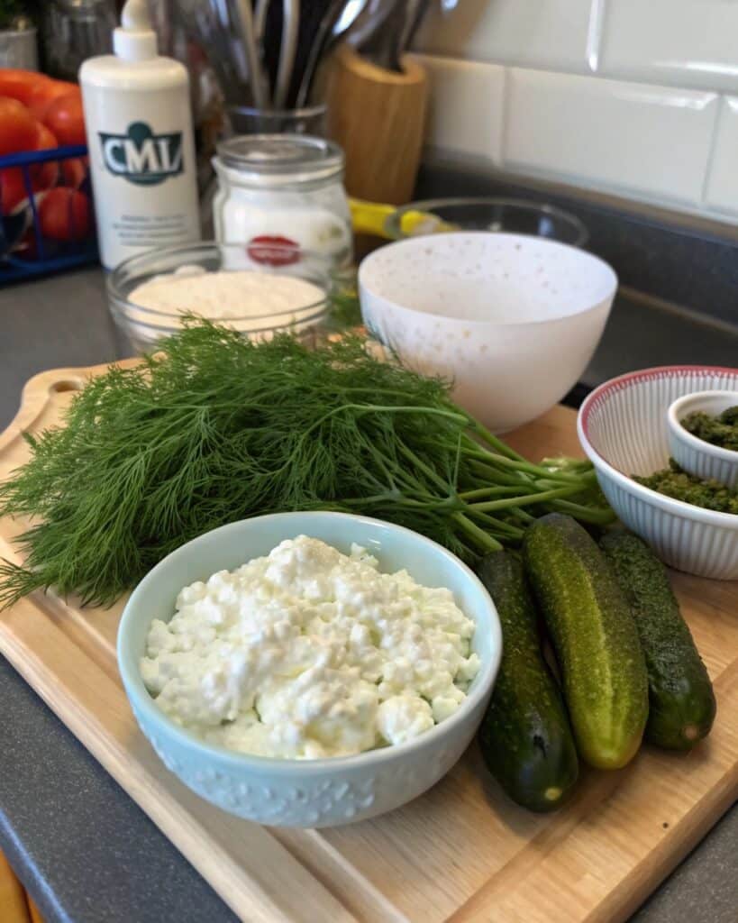 Ingredients for making dill pickle dip with cottage cheese
