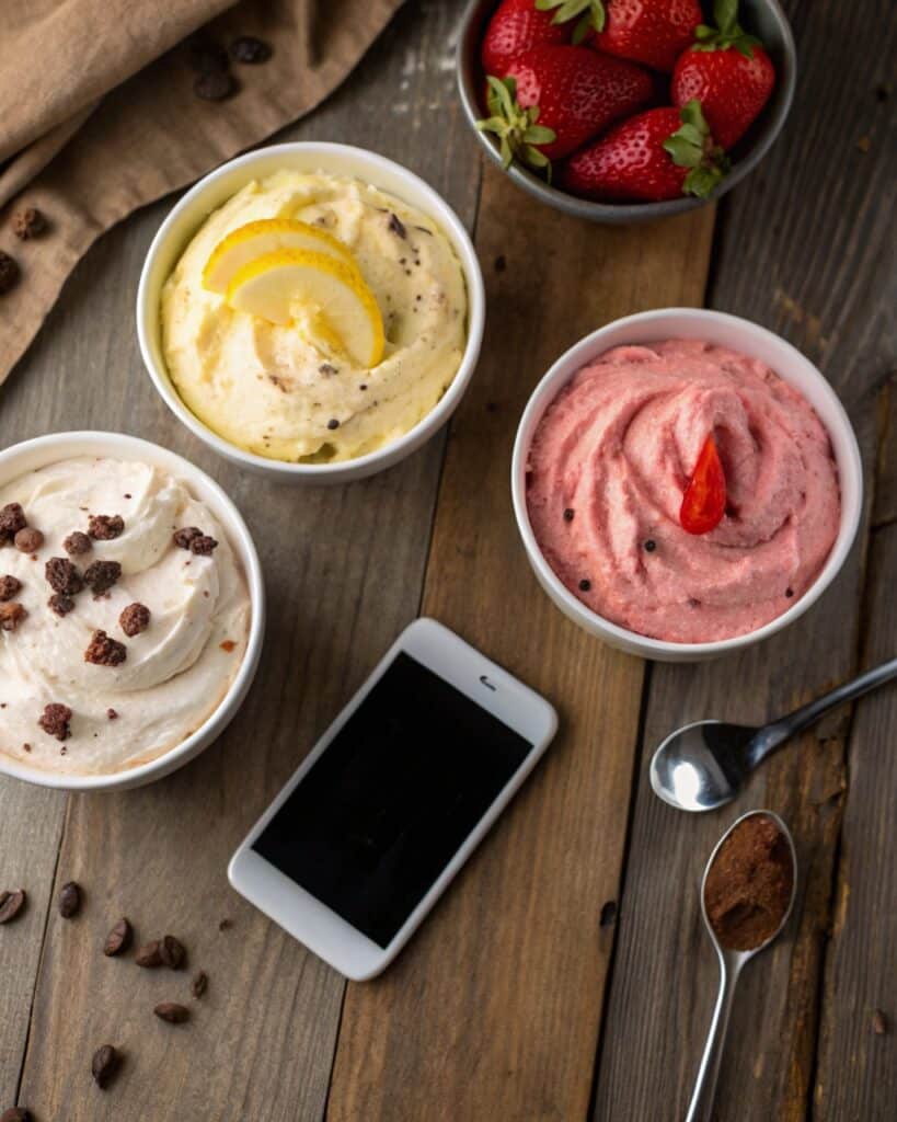 Four flavored variations of cottage cheese cheesecake dip