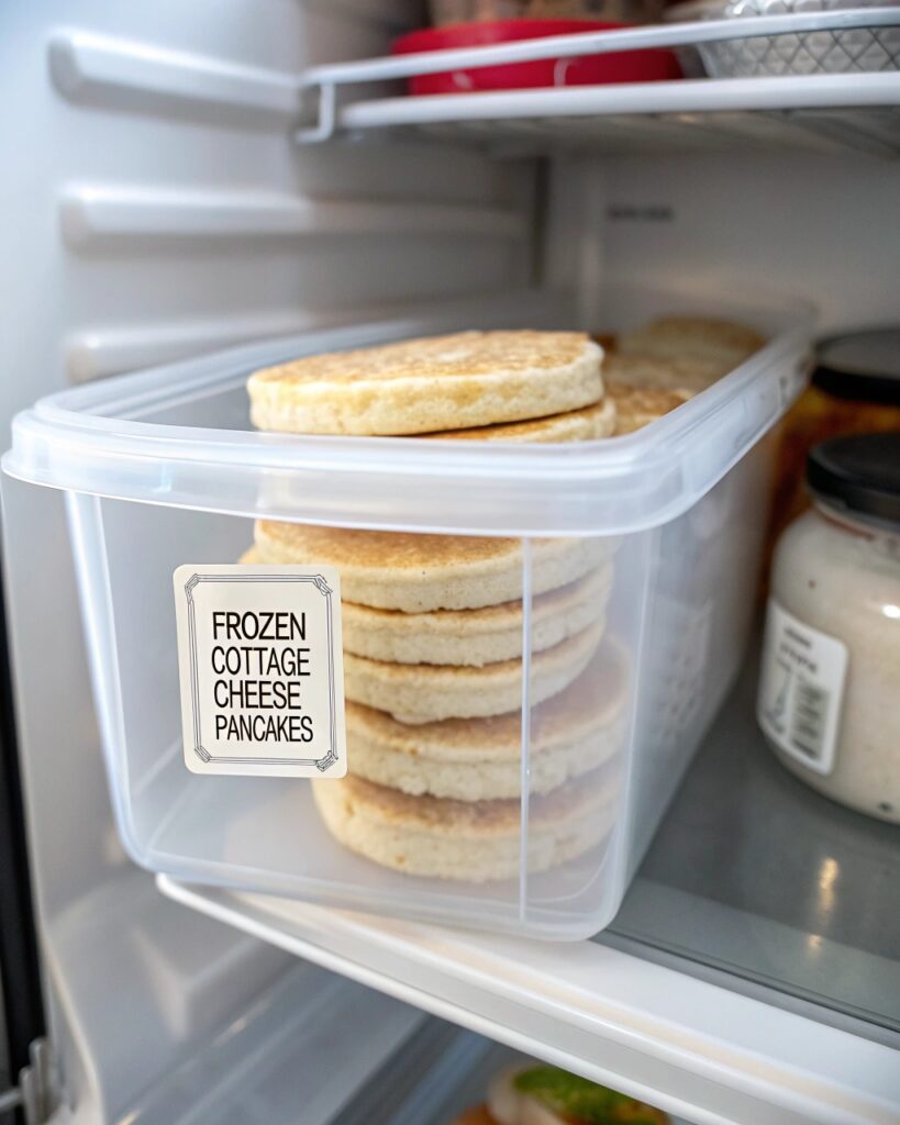 frozen cottage cheese pancakes stacked in a labele