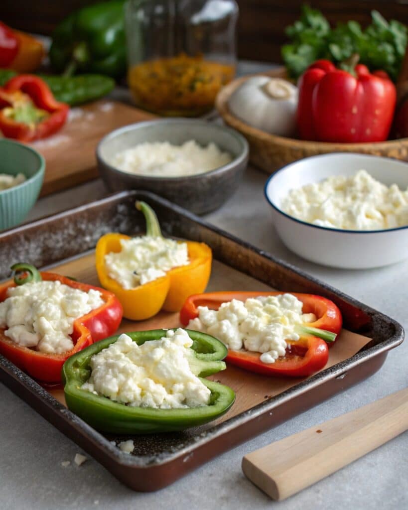 Cottage cheese filling being stuffed into bell peppers