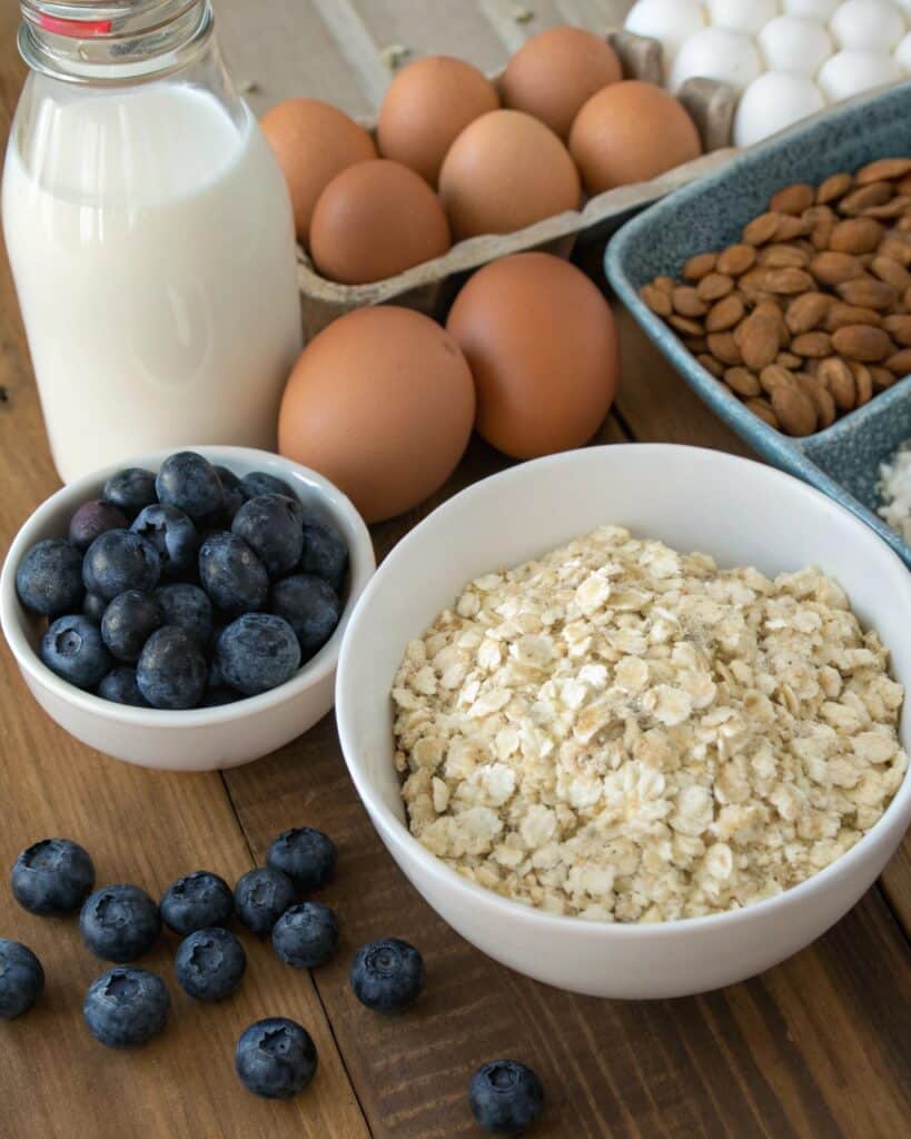 ingredients for blueberry cottage cheese oat bake
