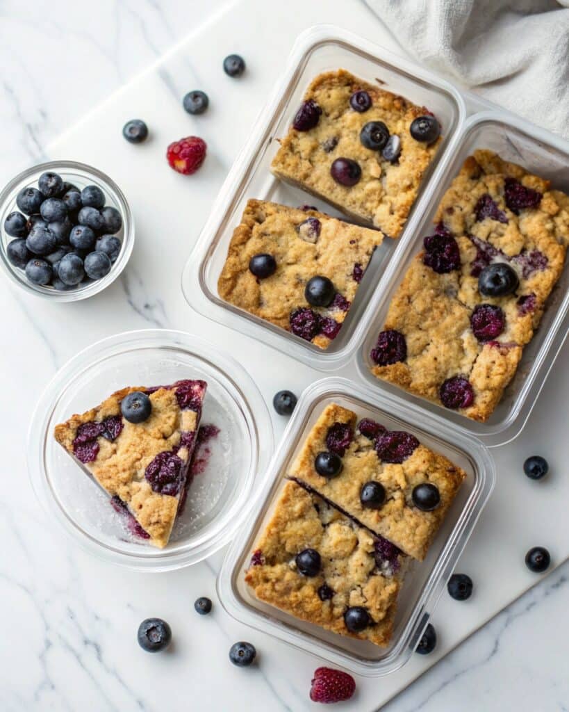 slice of blueberry cottage cheese breakfast bake with oats