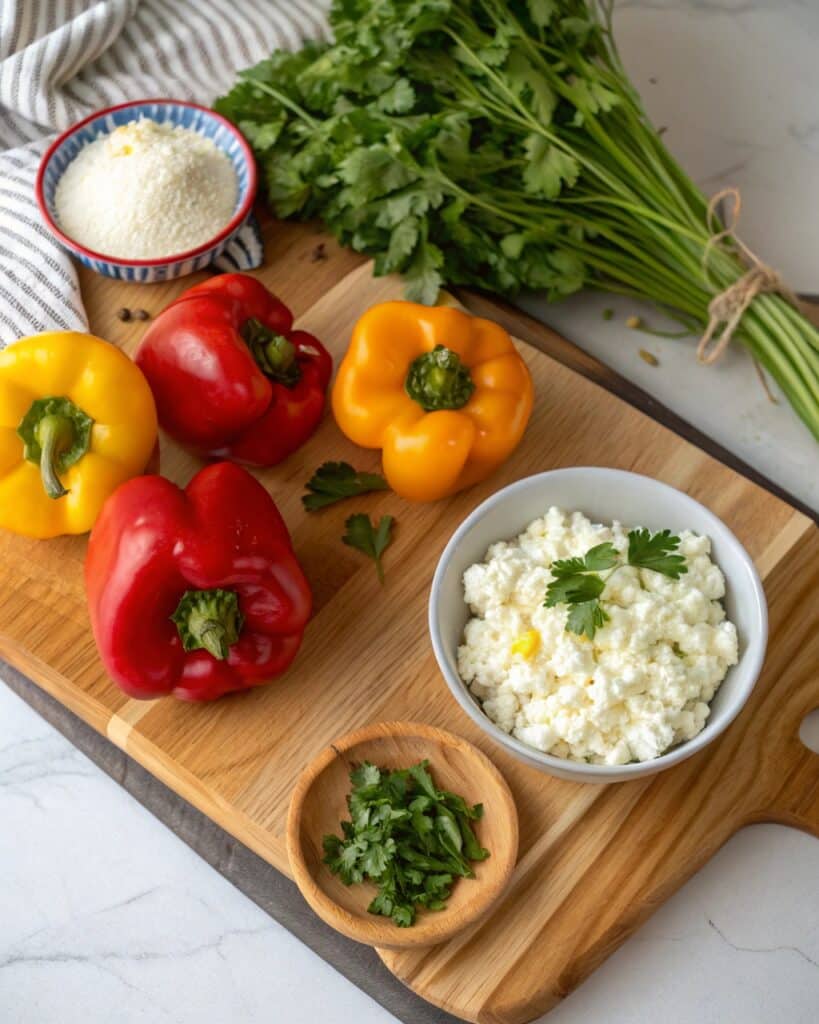 Stuffed peppers with cottage cheese baked and topped with herbs