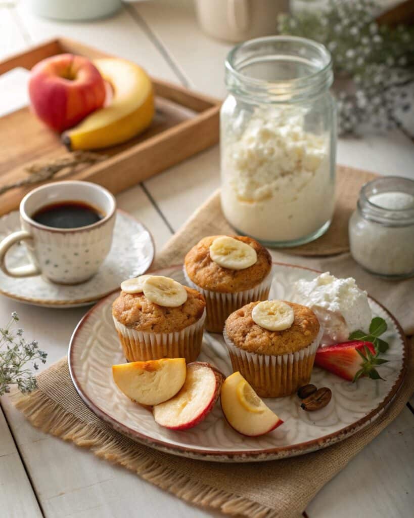 Serving banana muffins cottage cheese for breakfast