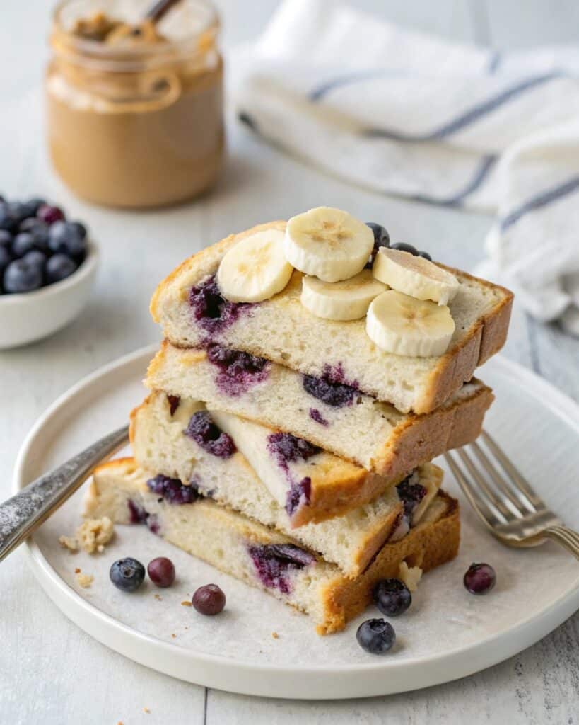 blueberry cloud bread topped with almond butter and banana