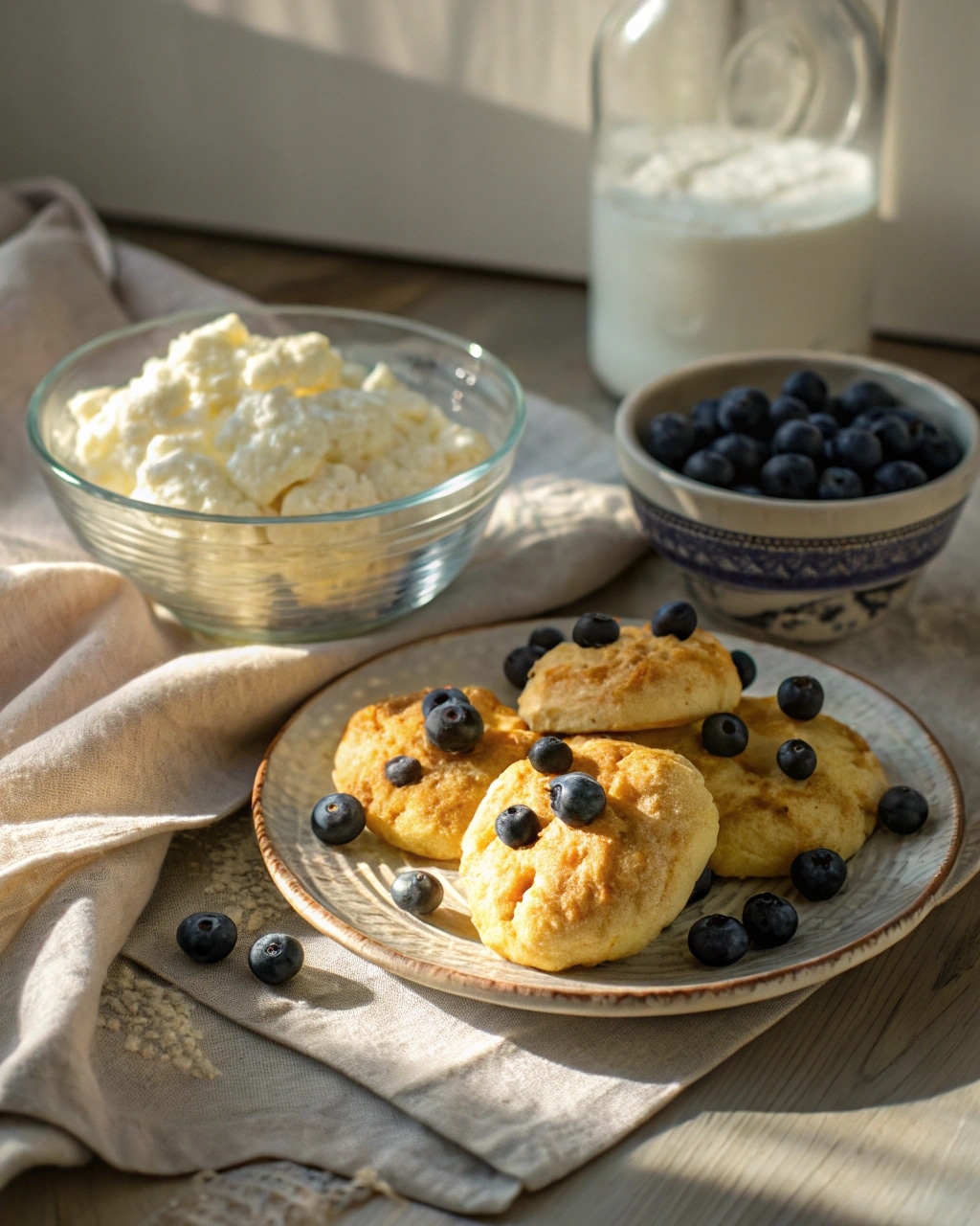 Cottage Cheese Blueberry Cloud Bread on plate with blueberries