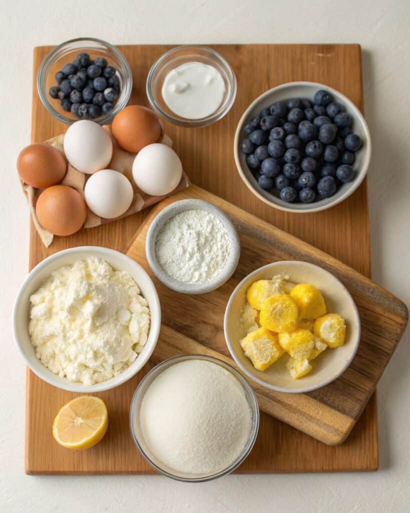 Cottage Cheese Blueberry Cloud Bread recipe ingredients flat-lay