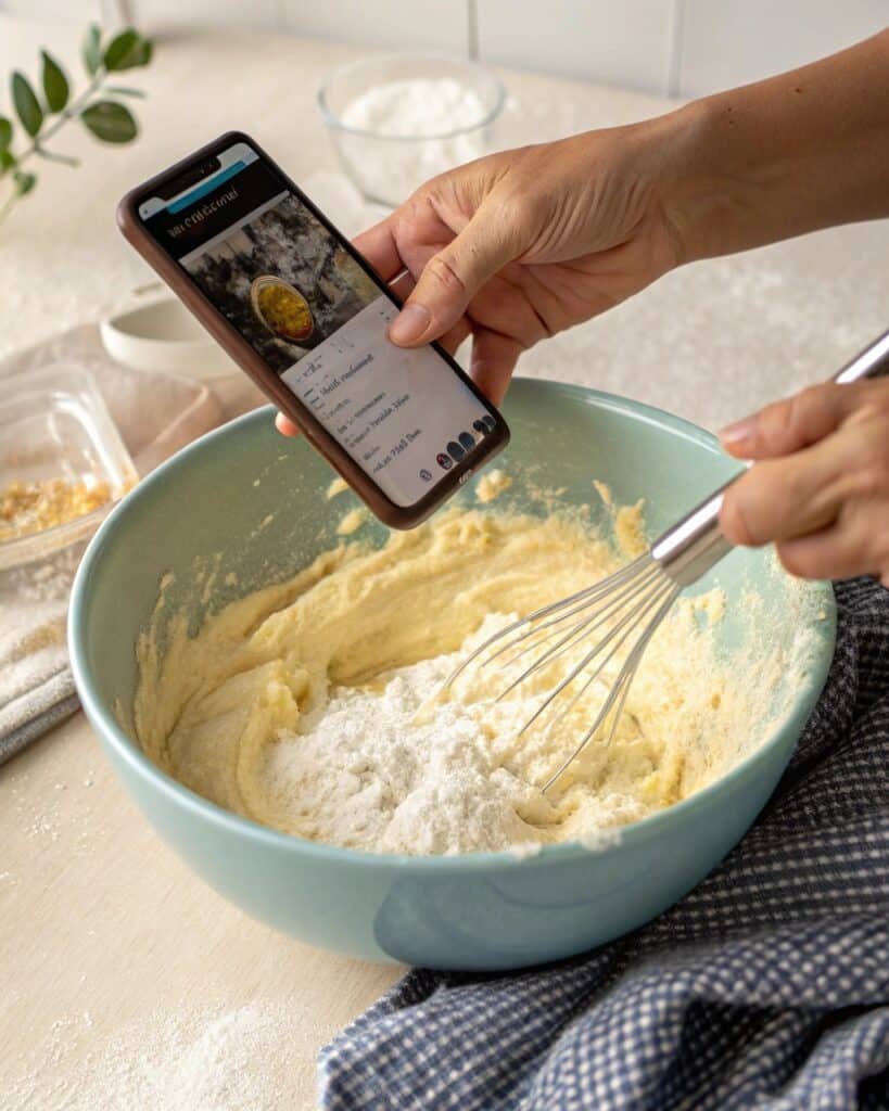 Mixing flourless cottage cheese bread batter preparation steps