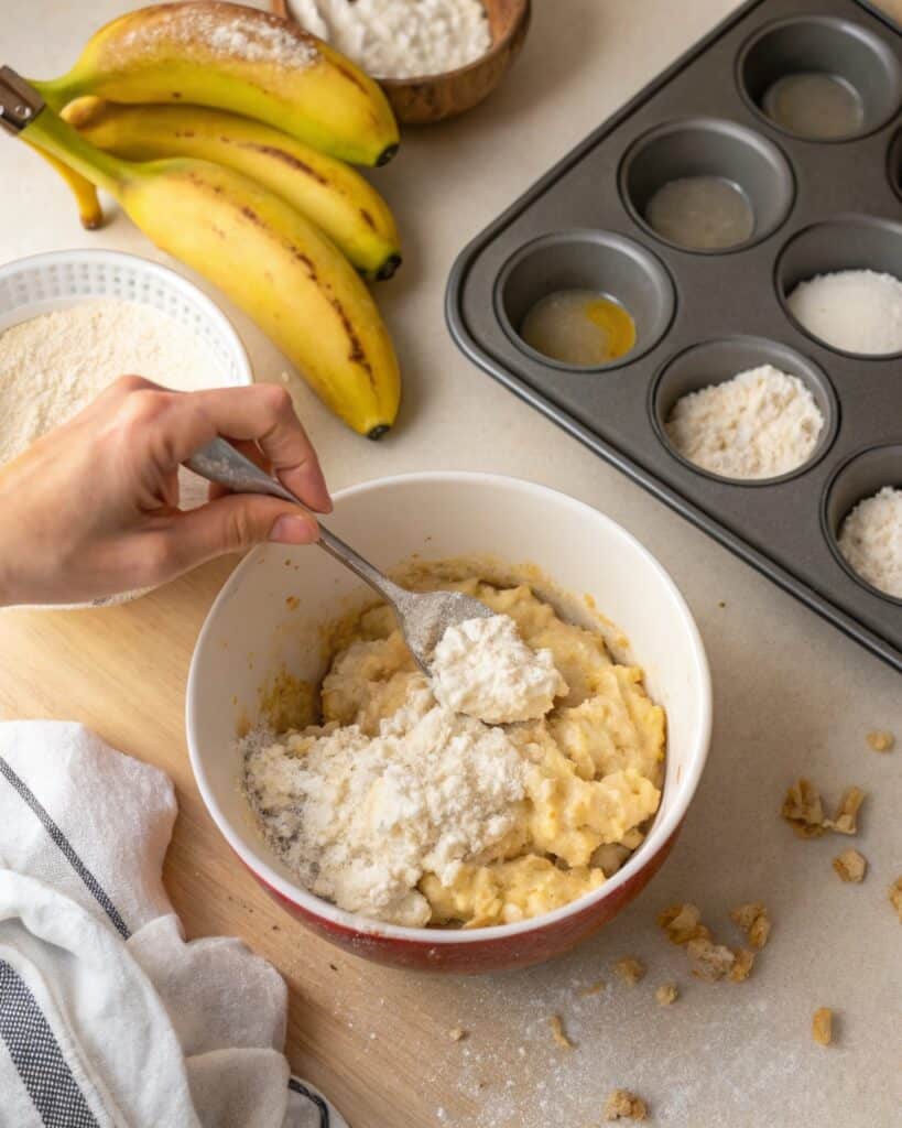 Mixing banana muffins cottage cheese batter step