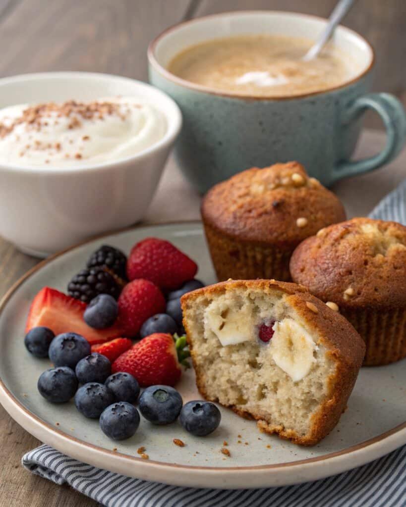 Serving banana muffins with cottage cheese for breakfast