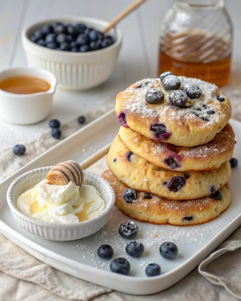 Serving Cottage Cheese Blueberry Cloud Bread with yogurt and blueberries