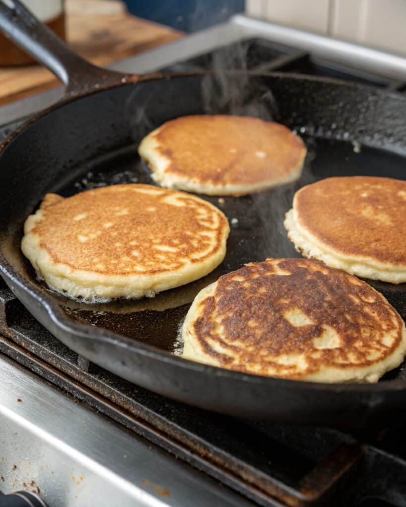 Sourdough Cottage Cheese Pancakes: Fluffy, Tangy & Delicious Every Time 7 cooking sourdough cottage cheese pancakes in skillet