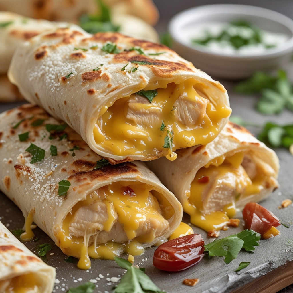 Ooey-Gooey Cheesy Garlic Chicken Wraps