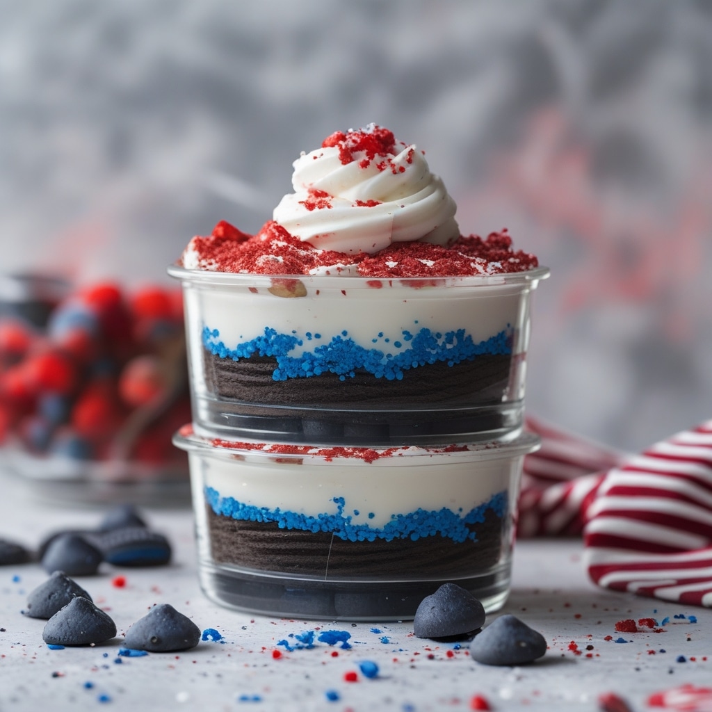 Red, White and Blue Dirt Cups are layers of Oreos