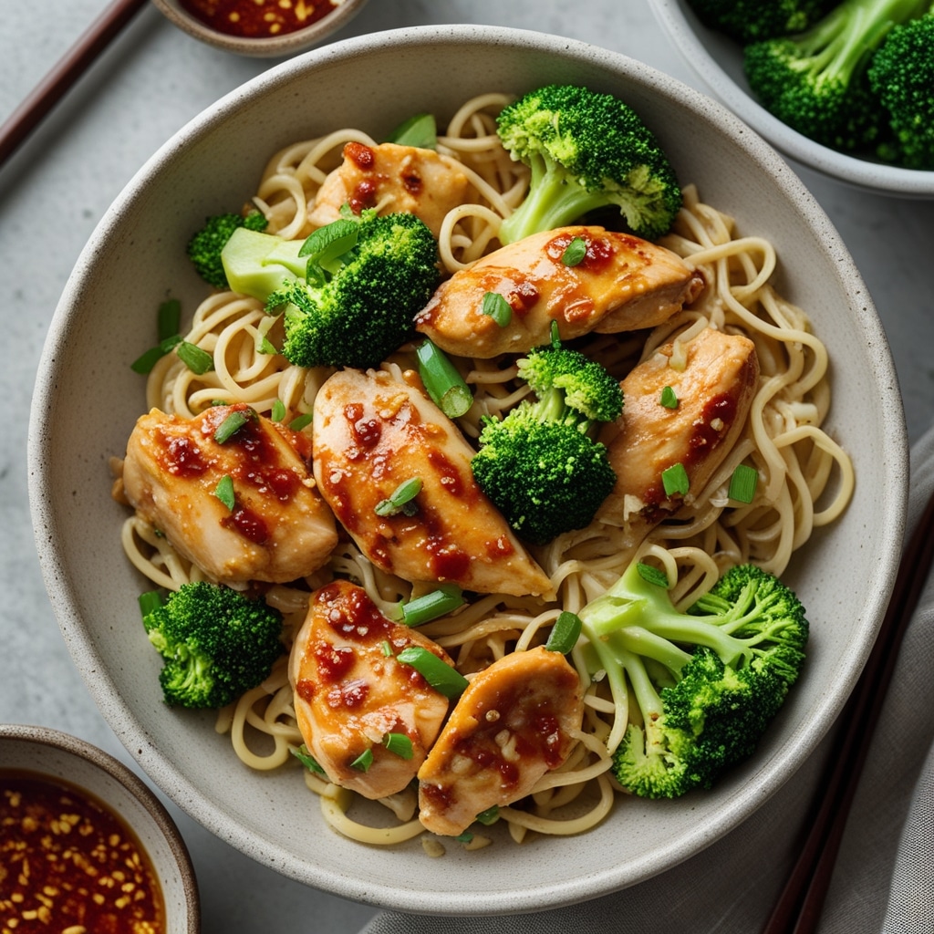 Spicy Garlic Chicken and Broccoli Noodle Bowls