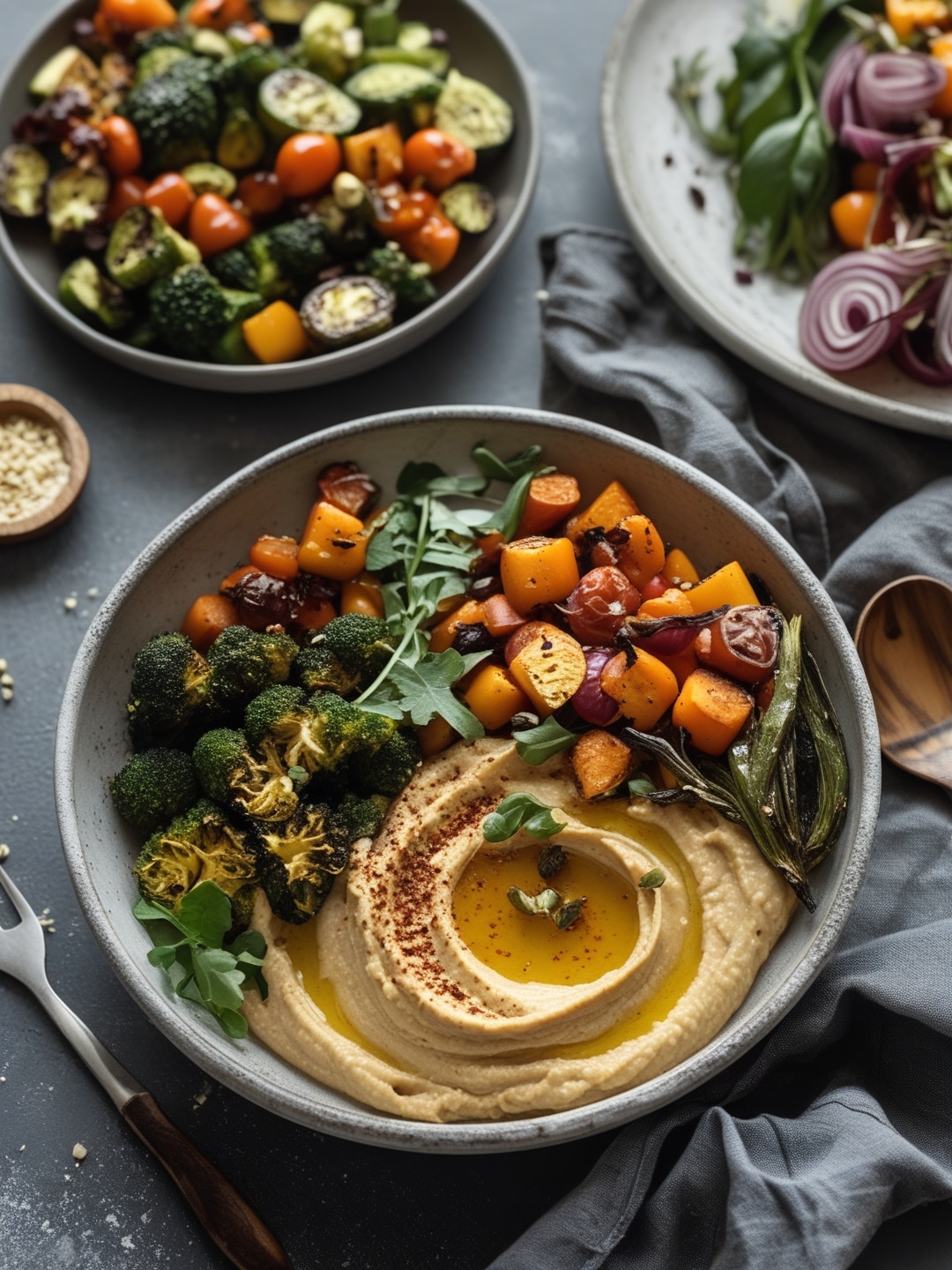 Simple Roasted Vegetable and Hummus Bowls