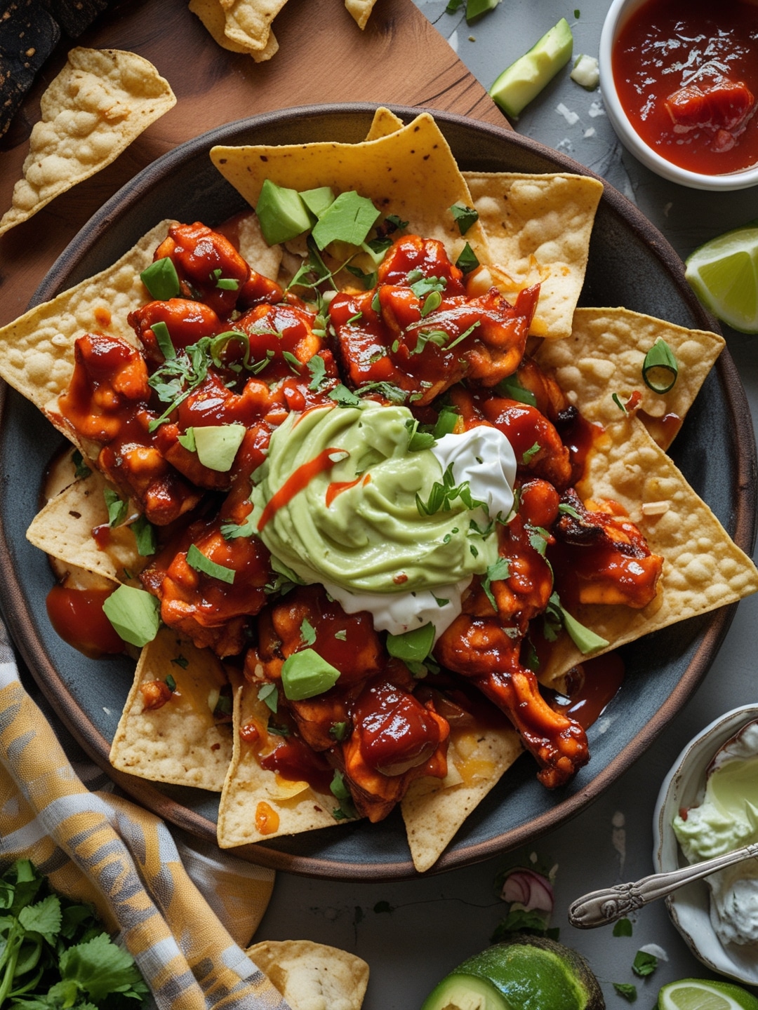 BBQ Chicken Nachos with Avocado Creme