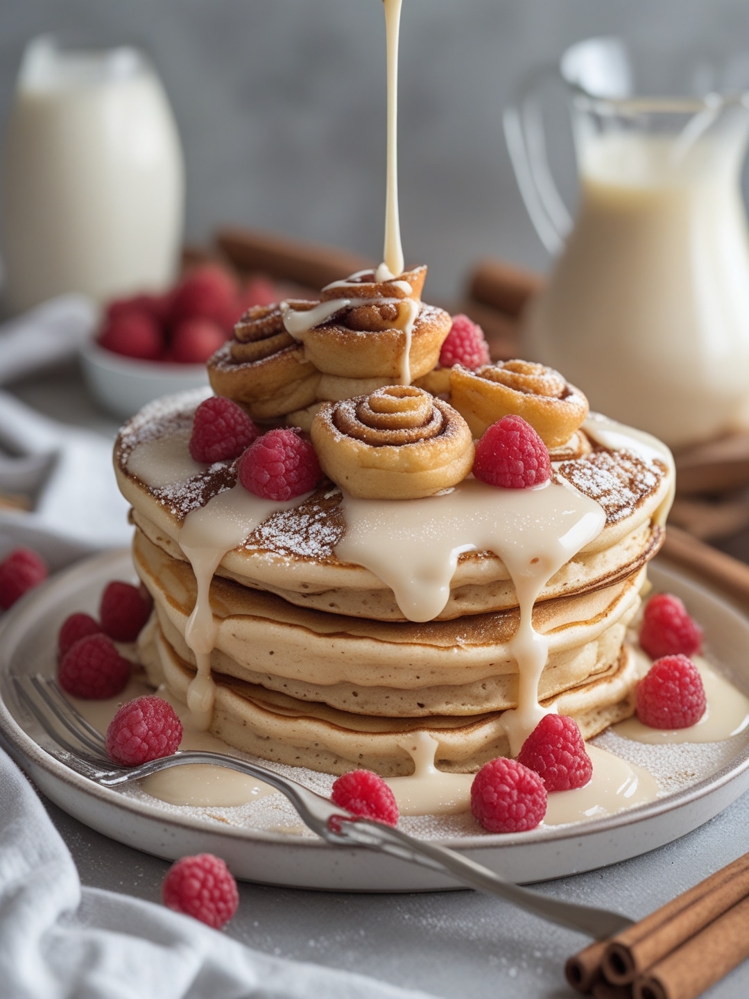 Fluffy Cinnamon Roll Pancakes with Cream Cheese Glaze