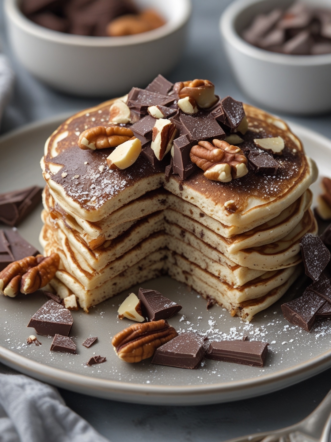 Turtle pancakes with chocolate and nuts
