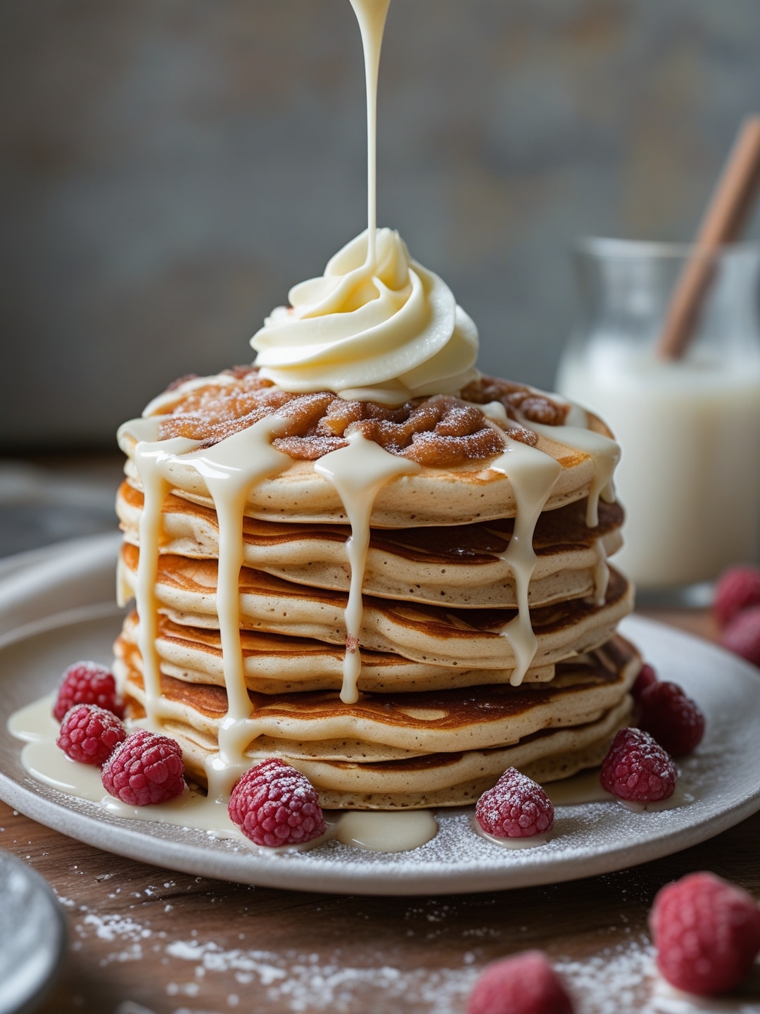 Cinnamon roll pancakes drizzled with cream cheese glaze
