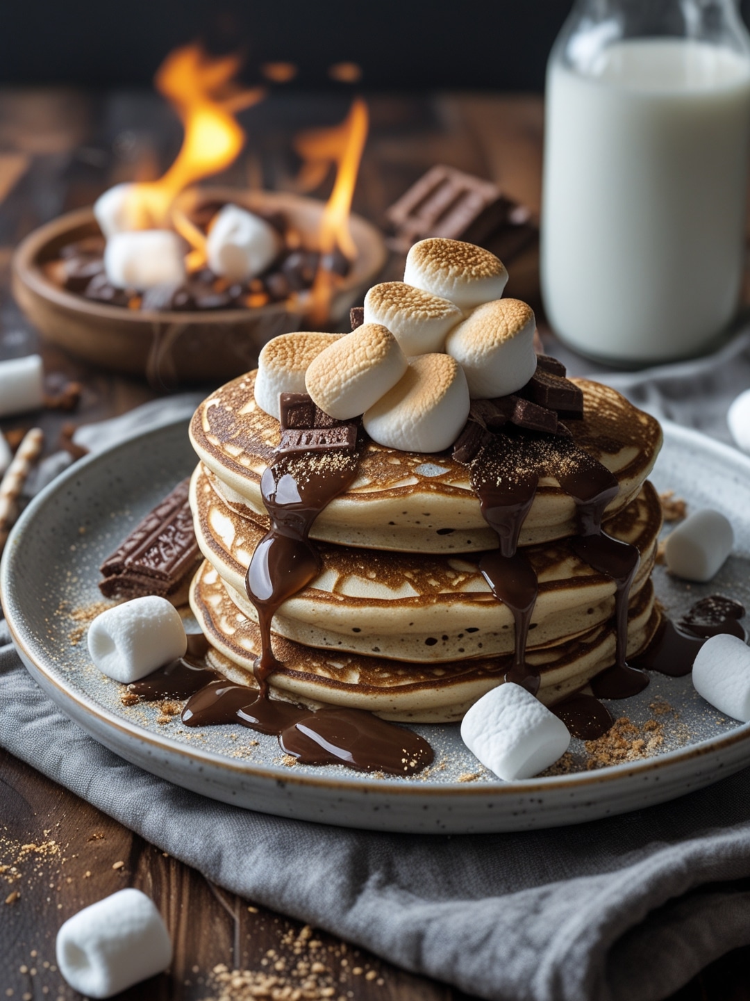S’mores pancakes with a toasted marshmallow topping