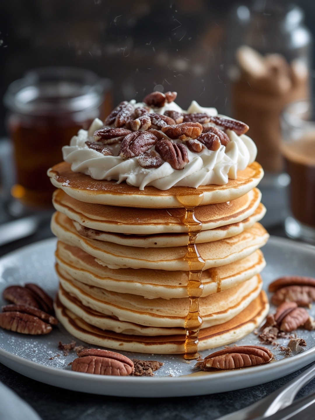 Maple pecan whipped pancake stack
