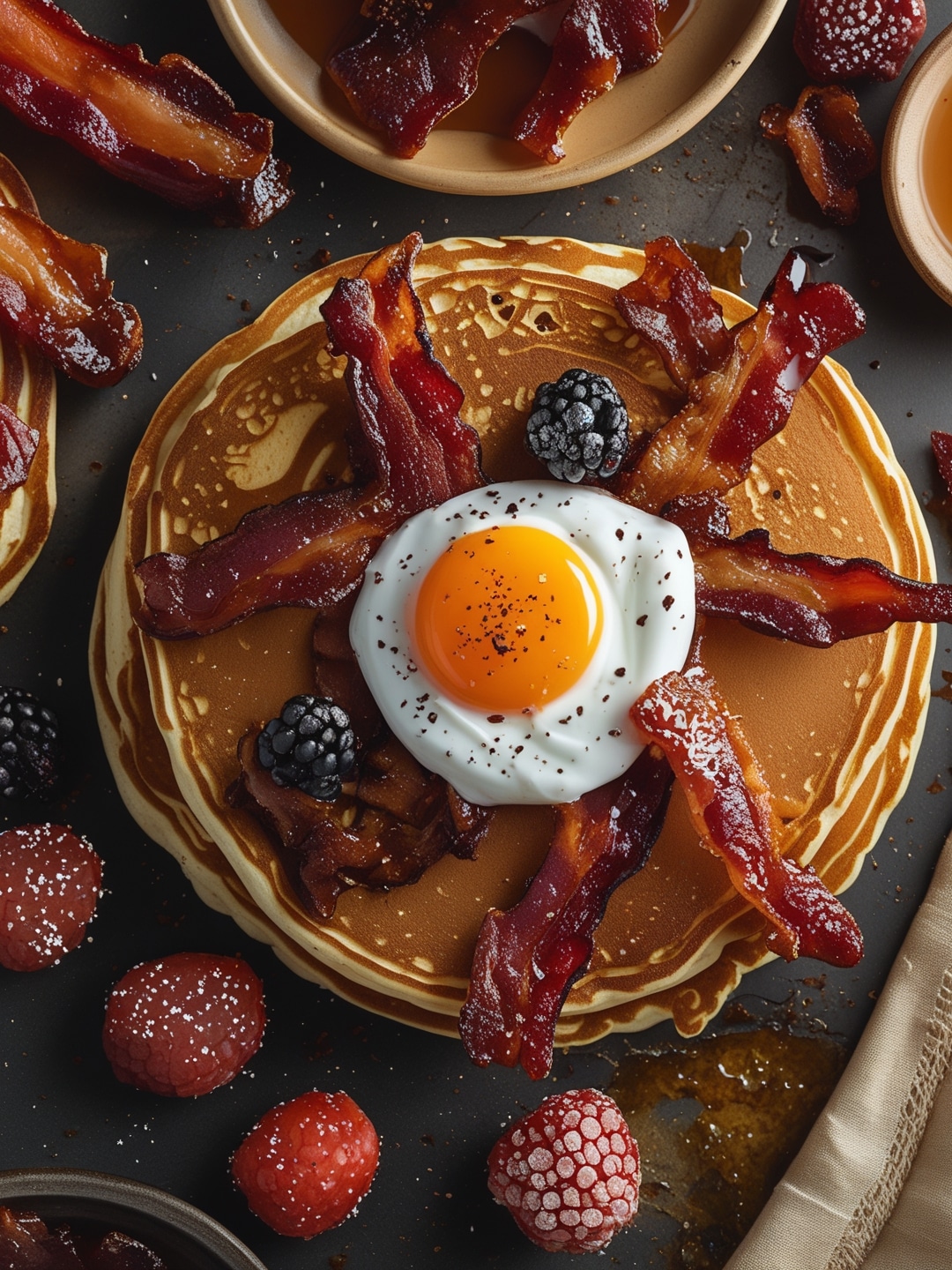 Crispy-edged pancakes with candied bacon