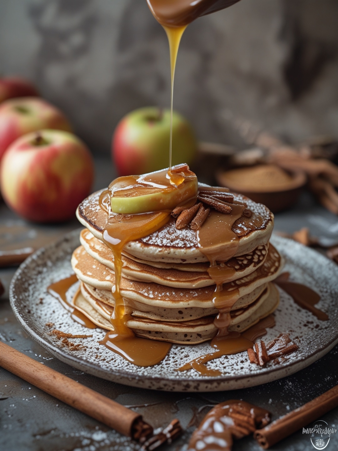 Apple cinnamon pancakes with caramel drizzle