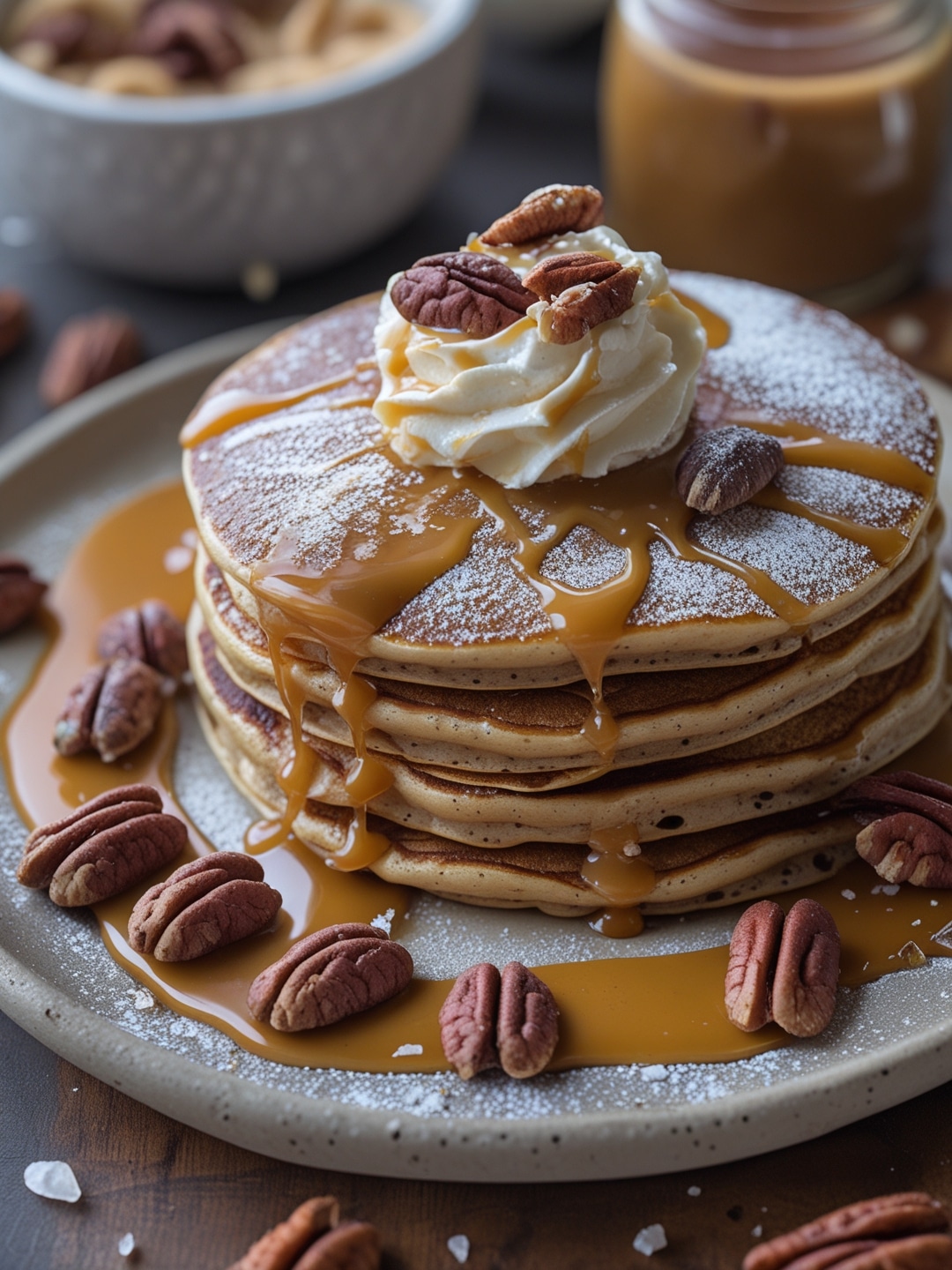 Salted caramel pancakes garnished with pecans