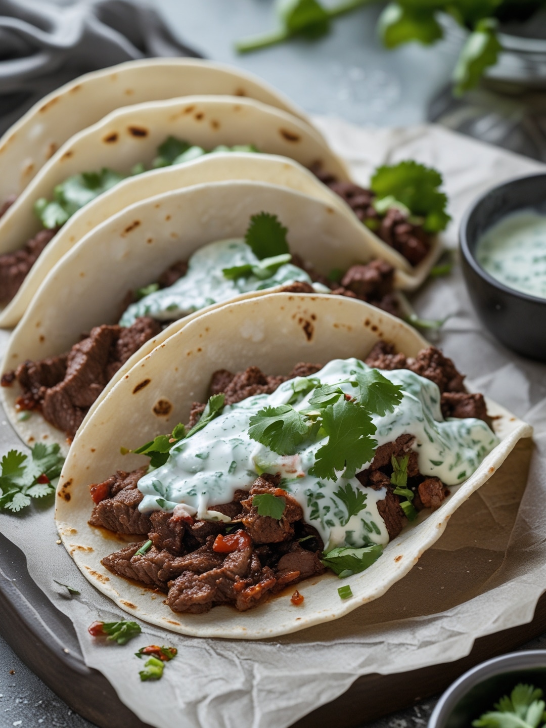 Chipotle Beef Tacos with Creamy Cilantro Sauce