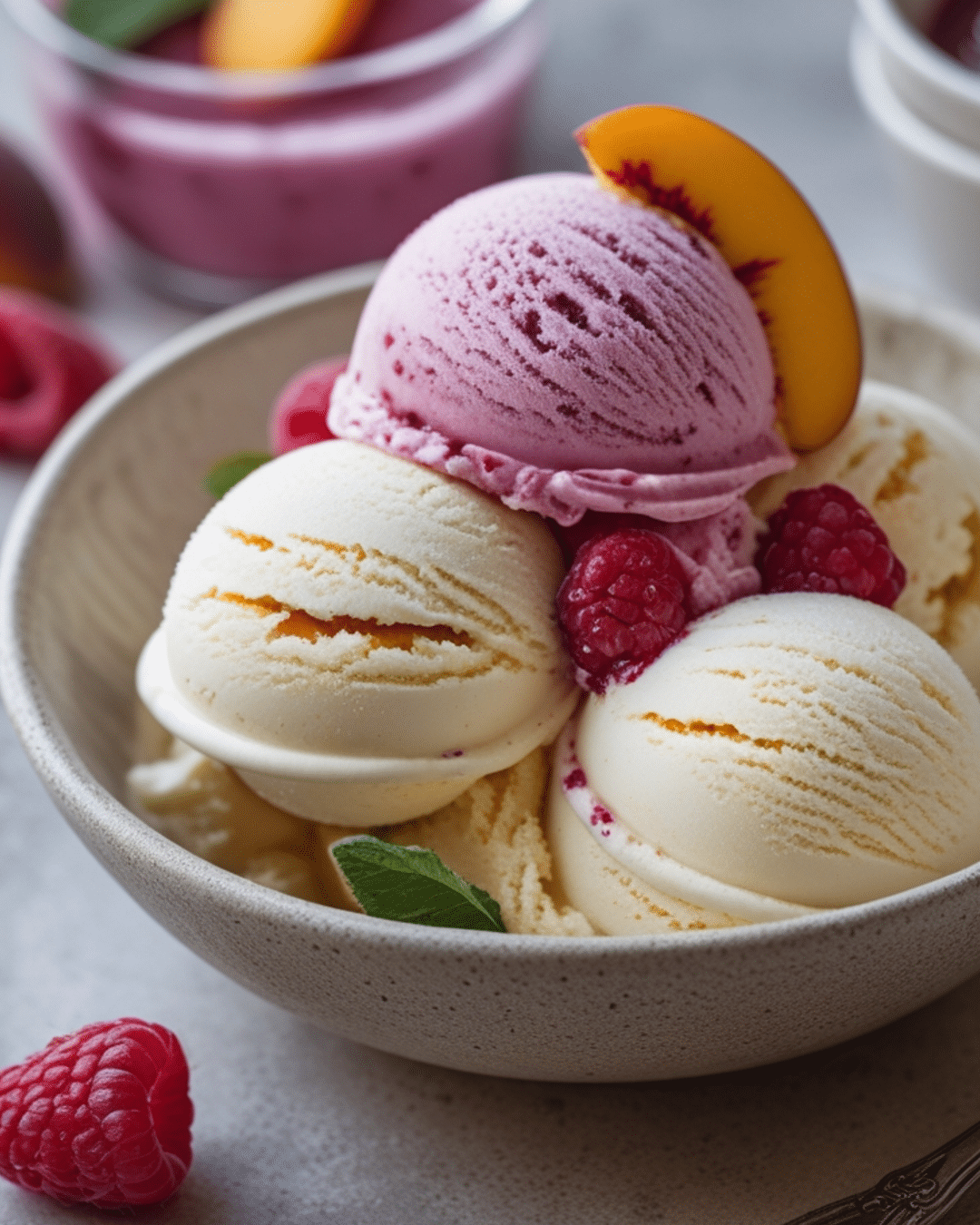 Peach Melba Ice Cream with Raspberry Sauce