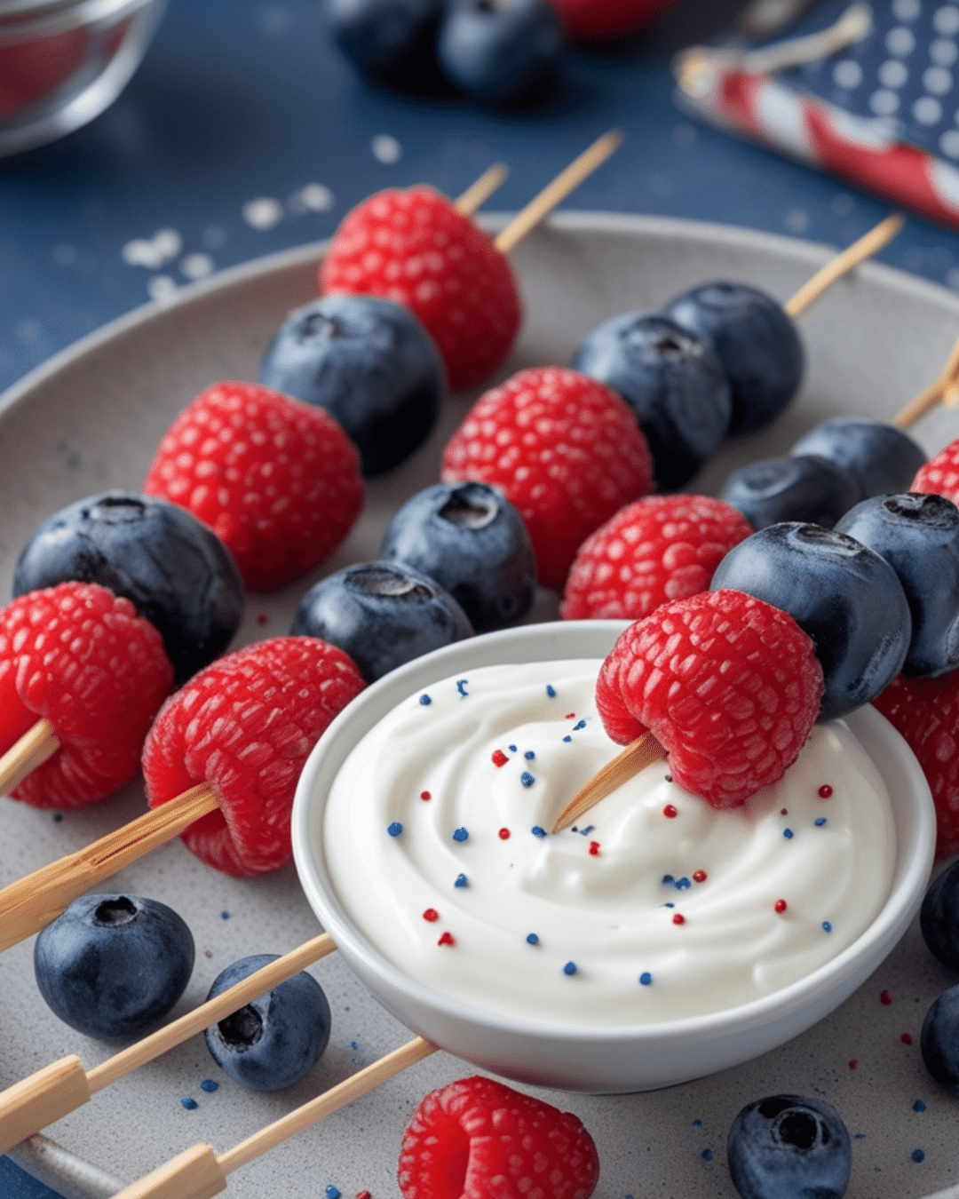 Red, White, and Blue Fruit Kabobs with Yogurt Dip