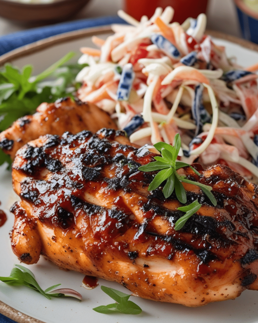 Grilled BBQ Chicken with Red, White, and Blue Slaw