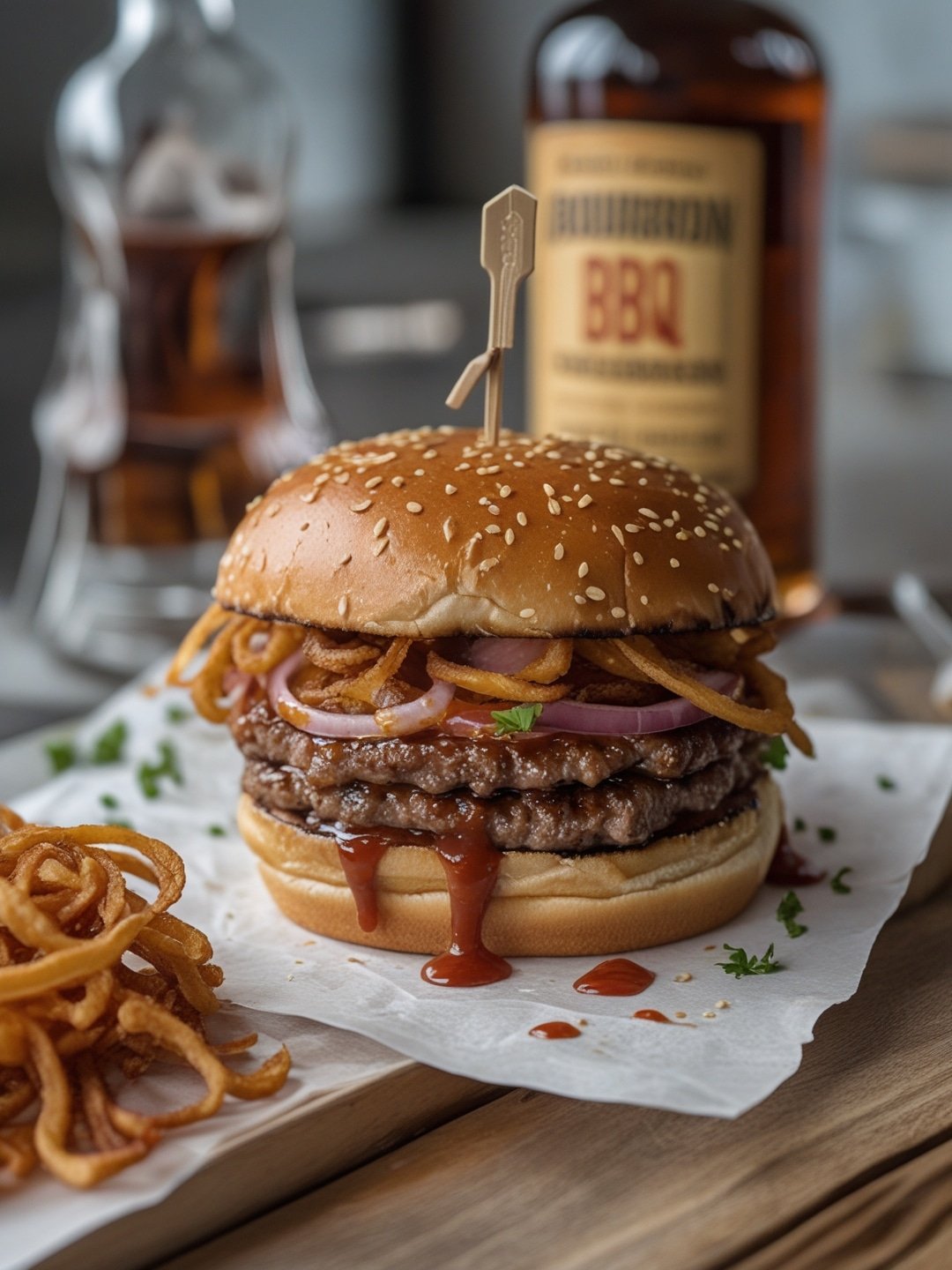 Bourbon BBQ Cheeseburger with Fried Onions
