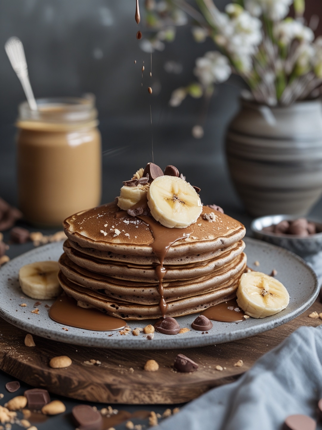 Peanut Butter Banana Chocolate Pancakes