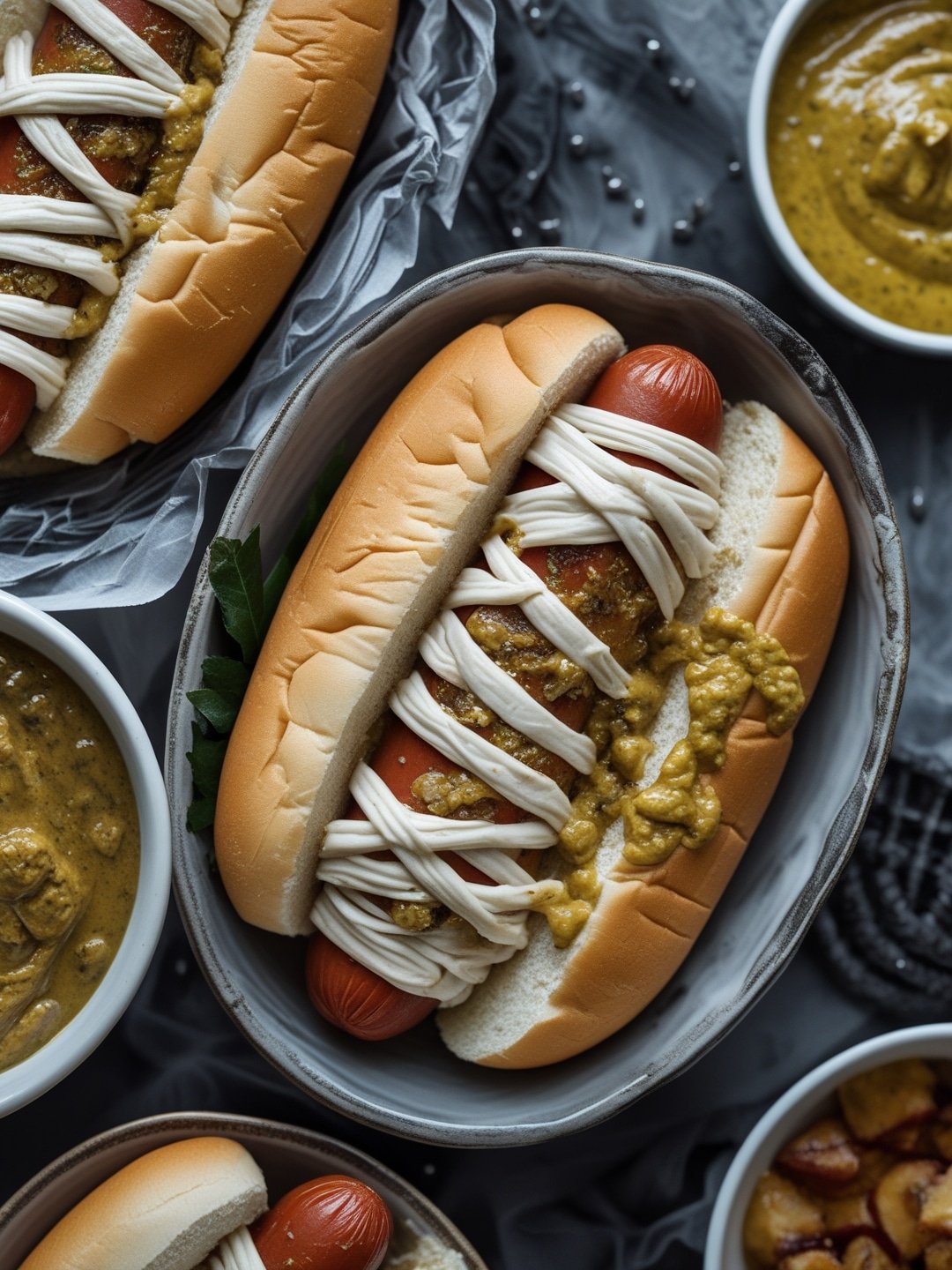 Mummy Hot Dogs with Spooky Mustard