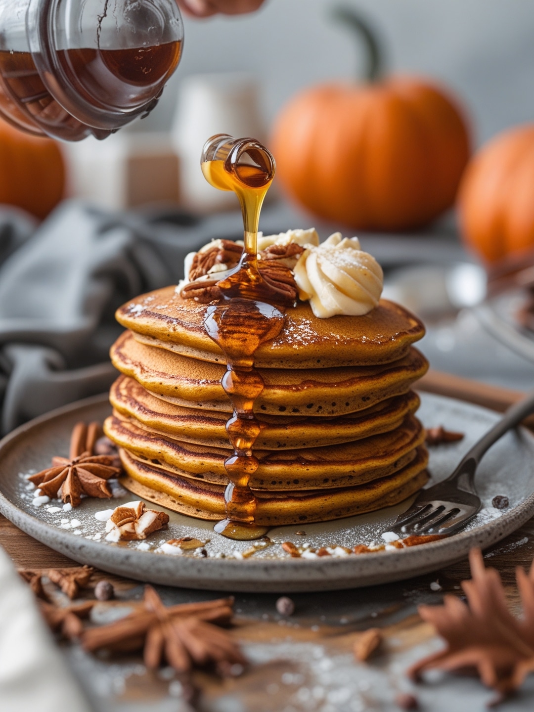 Pumpkin Pancakes with Spiced Maple Syrup