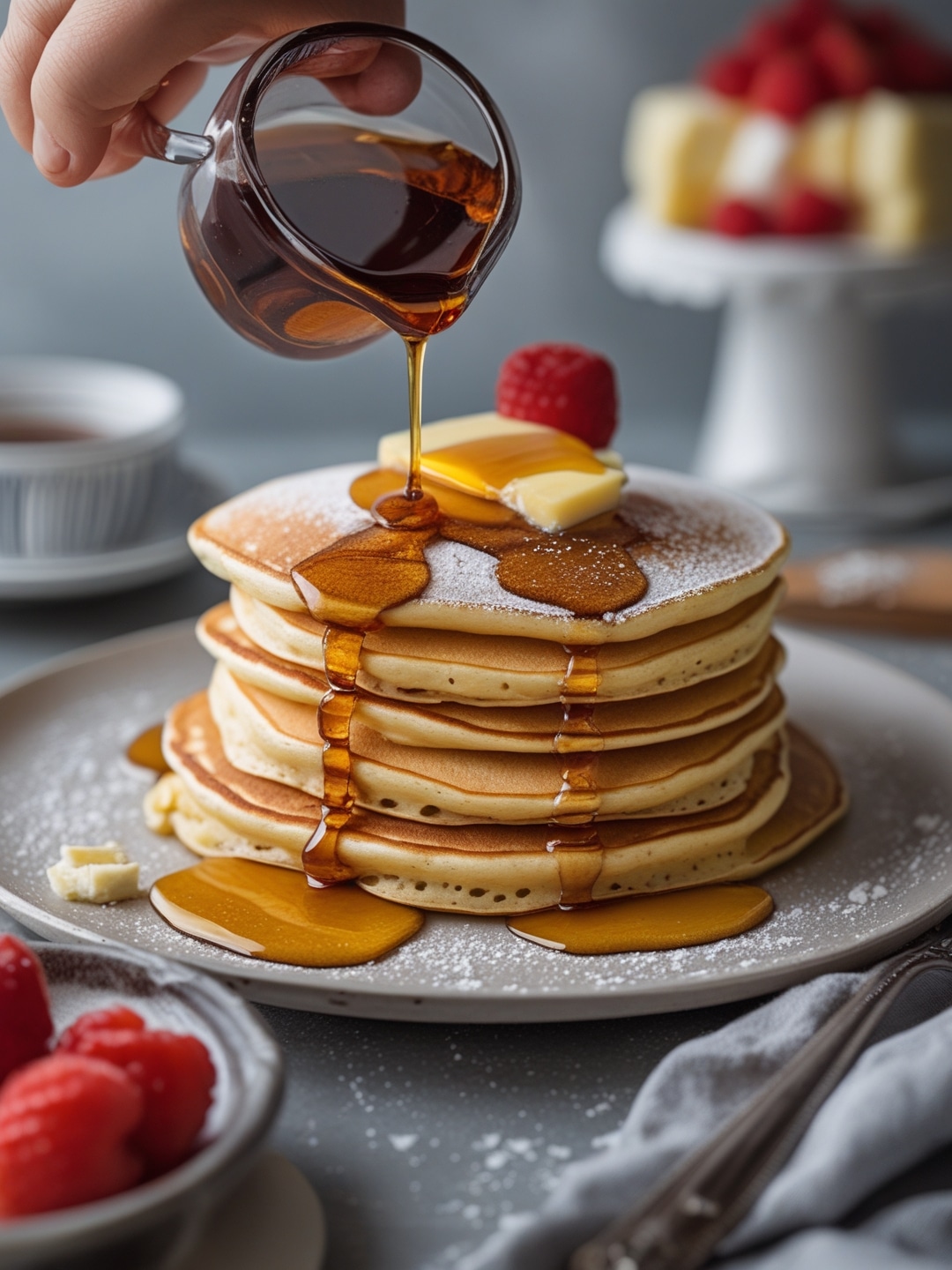 Fluffy Buttermilk Pancakes with Maple Syrup