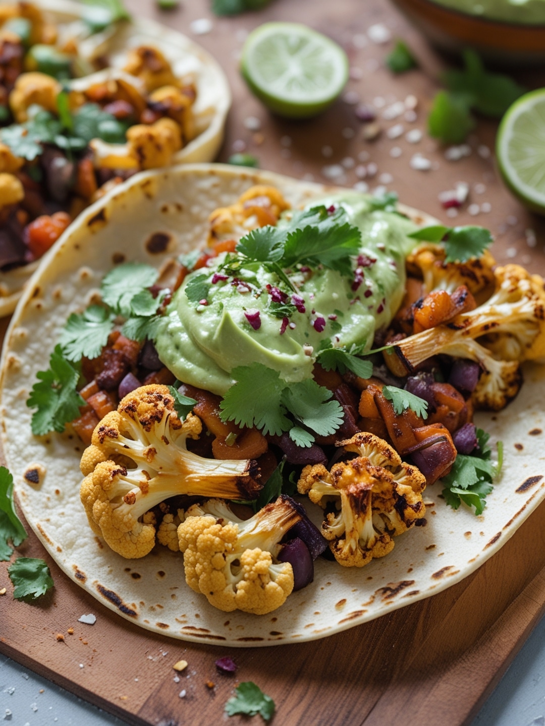 Spicy Roasted Cauliflower Tacos with Avocado Crema